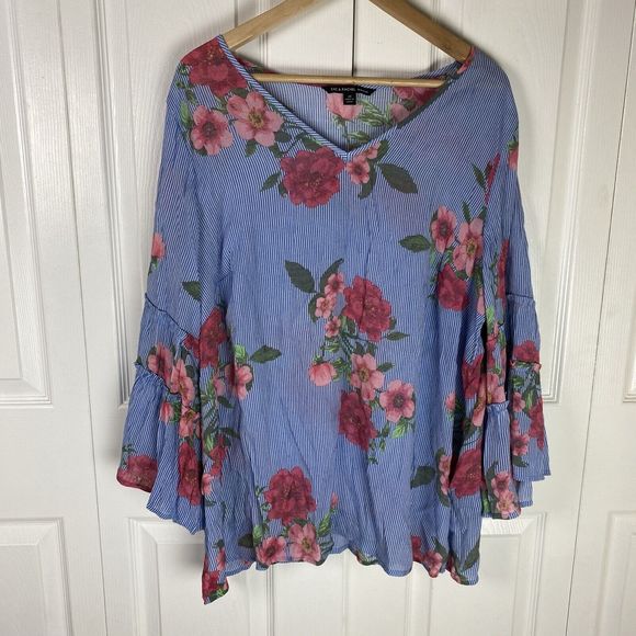 Zac & Rachel 2X Blouse Tunic Top V-Neck Floral Blue Stripe Ruffle Flare Boho - Picture 1 of 5